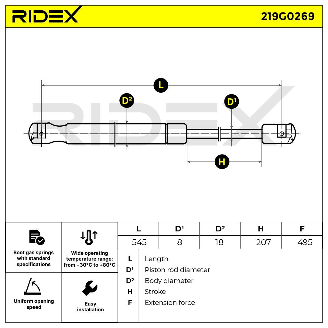 OEM-quality RIDEX 219G0269 Tailgate gas struts