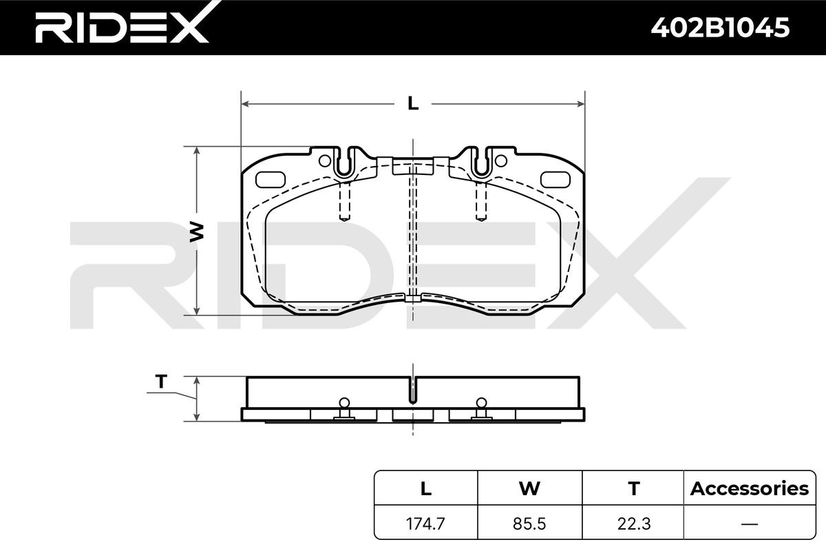 402B1045 Set of brake pads 402B1045 RIDEX Front Axle, prepared for wear indicator, excl. wear warning contact