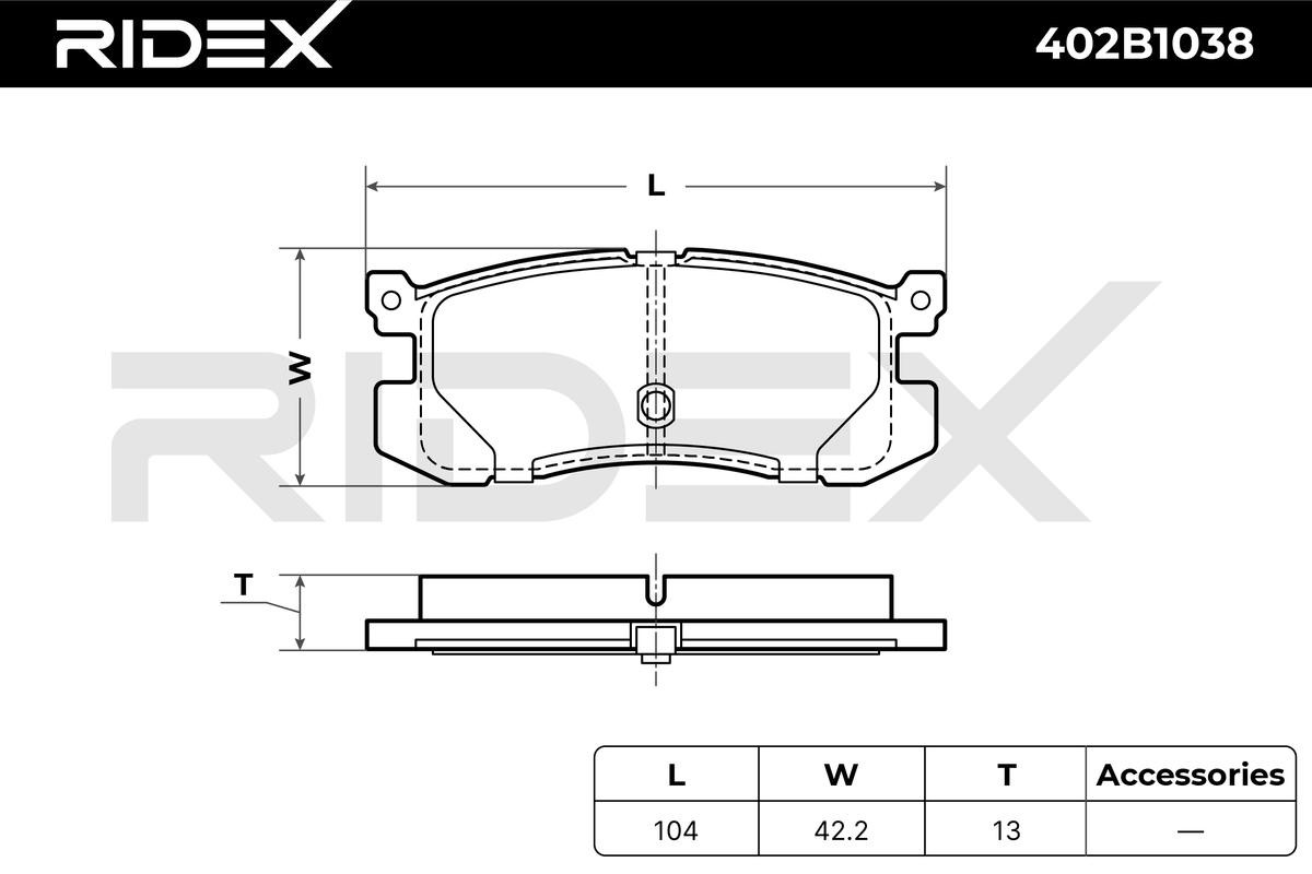 402B1038 Set of brake pads 402B1038 RIDEX Rear Axle, not prepared for wear indicator