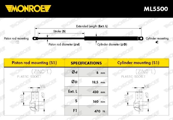 MONROE ML5500 Stoßdämpfer heckklappe 470N, 430 mm