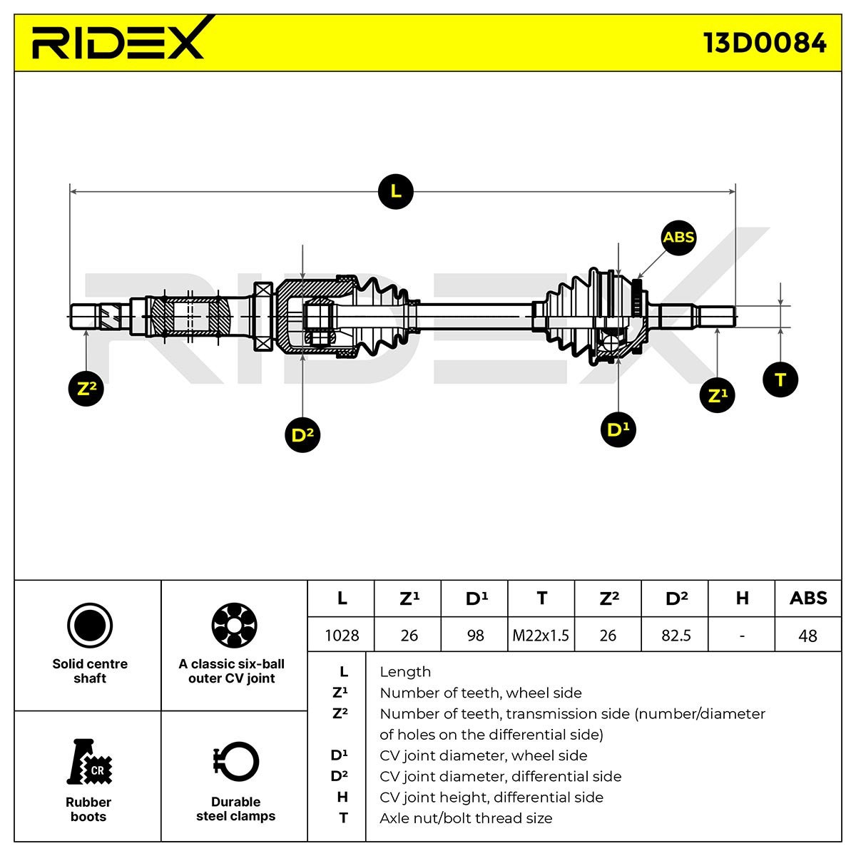 RIDEX 13D0084 CV axle shaft Front Axle Right, 1028, 507,6mm, with bearing(s)