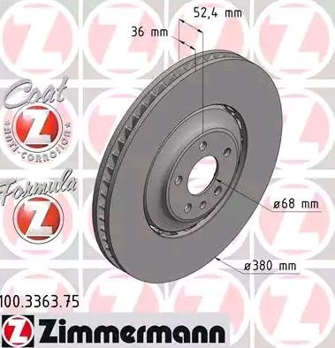 100.3363.75 ZIMMERMANN Brake rotors DODGE 380x36mm, 6/5, 5x112, Vented, two-part brake disc, Coated, Alloyed/High-carbon
