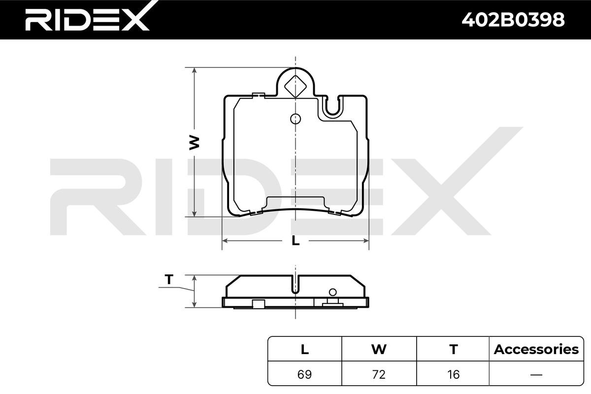 402B0398 Set of brake pads 402B0398 RIDEX Rear Axle, prepared for wear indicator