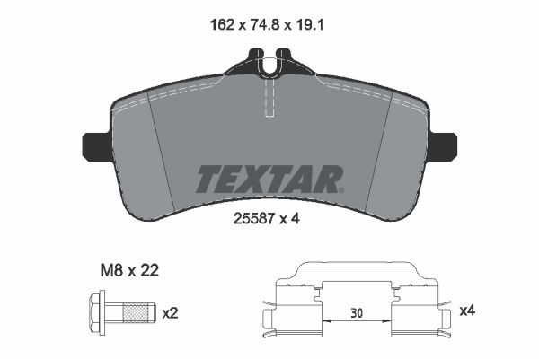25587 TEXTAR prepared for wear indicator, with brake caliper screws, with accessories Height: 74,8mm, Width: 162mm, Thickness: 19,1mm Brake pads 2558701 buy
