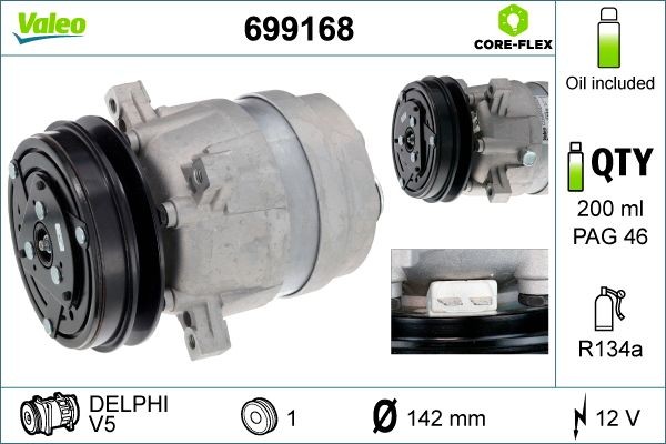 VALEO NEW ORIGINAL PART V5, 12V, PAG 46, R 134a, with PAG compressor oil Belt Pulley Ø: 142mm, Number of grooves: 1 AC compressor 699168 buy