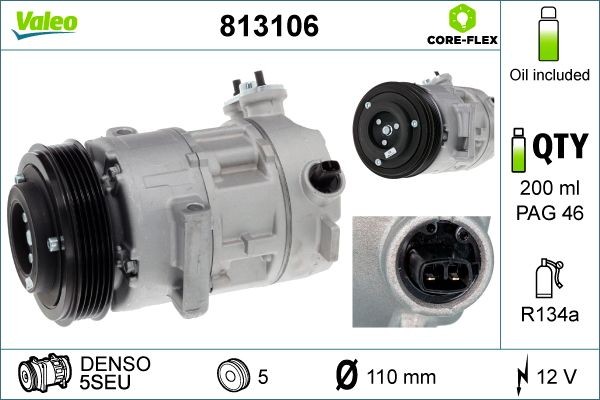 VALEO NEW ORIGINAL PART 5SEU, 12V, PAG 46, R 134a, with PAG compressor oil Belt Pulley Ø: 110mm, Number of grooves: 5 AC compressor 813106 buy