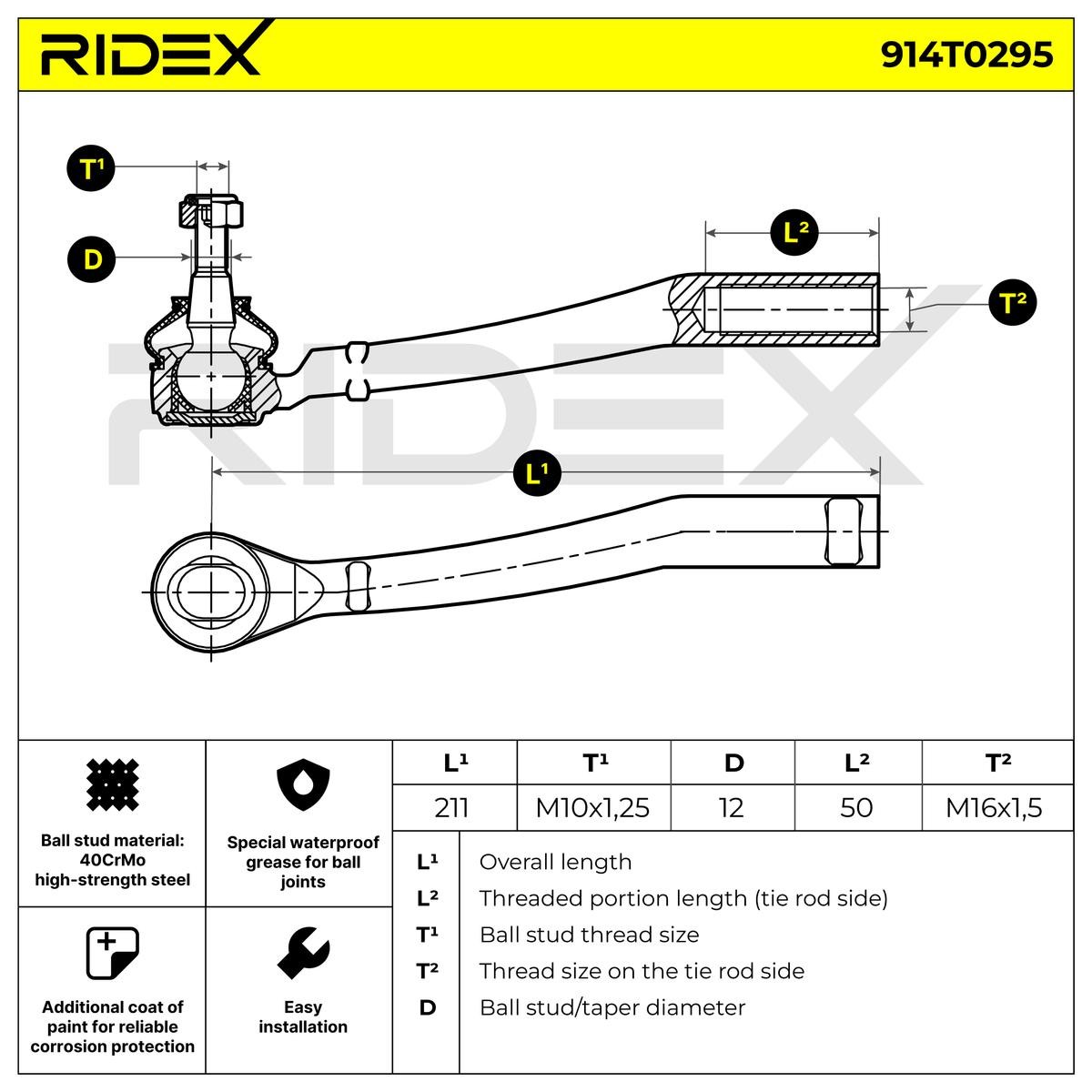 914T0295 Tie rod end 914T0295 RIDEX Cone Size 12,2 mm, M10X1.25, outer, Right, Front Axle