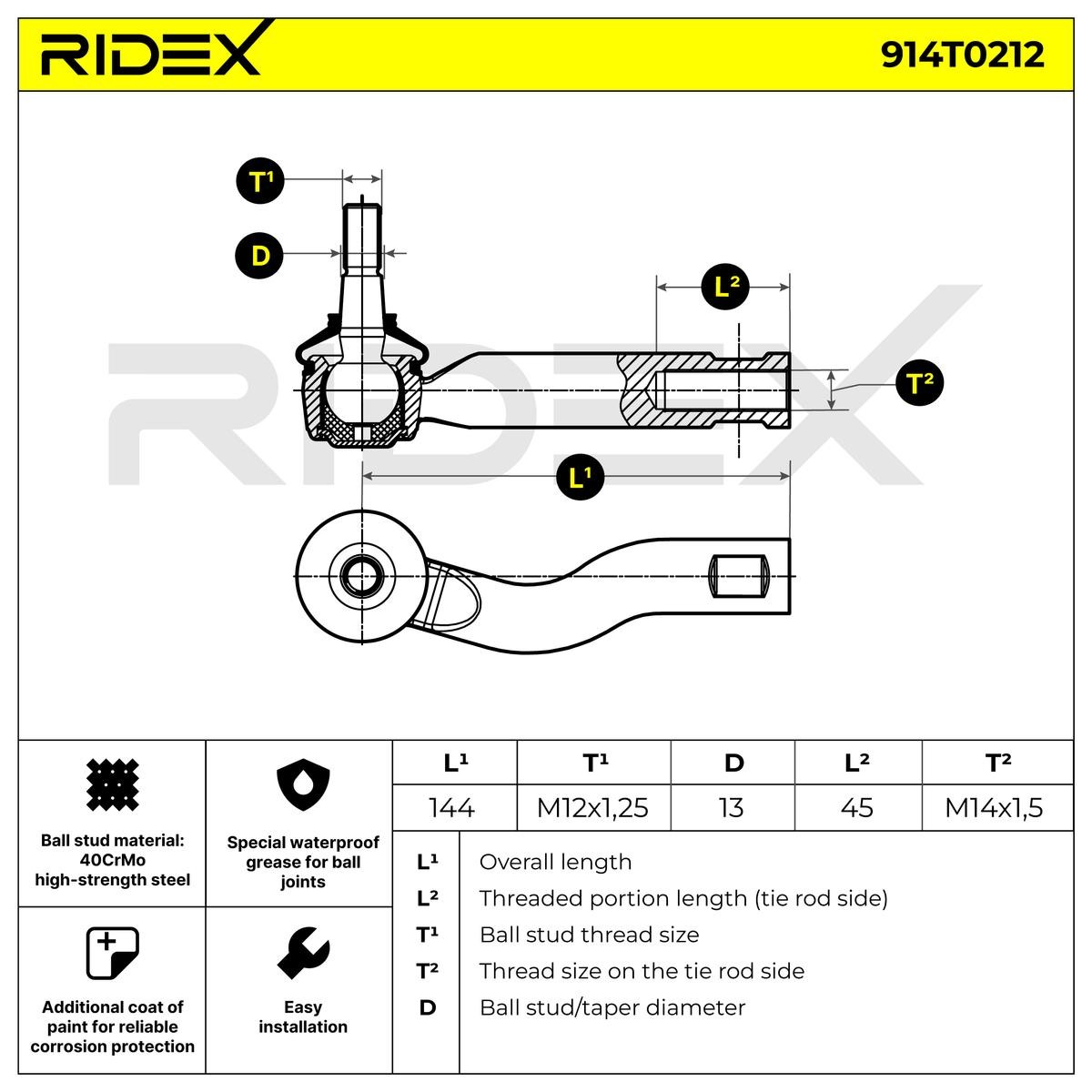 914T0212 Tie rod end 914T0212 RIDEX Cone Size 13,0 mm, M12X1.25, outer, Right, Front Axle