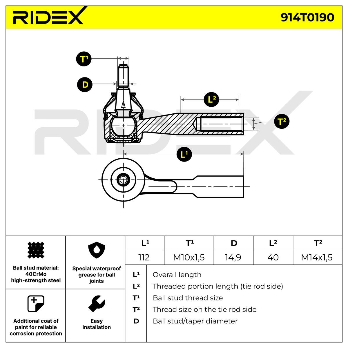 RIDEX 914T0190 Track rod end Cone Size 11,6 mm, Right, Front Axle