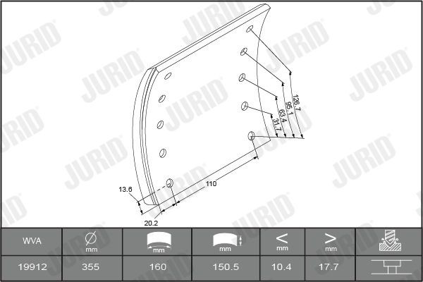 19912 JURID 1991203290 Brake Lining Kit, drum brake 1057004900