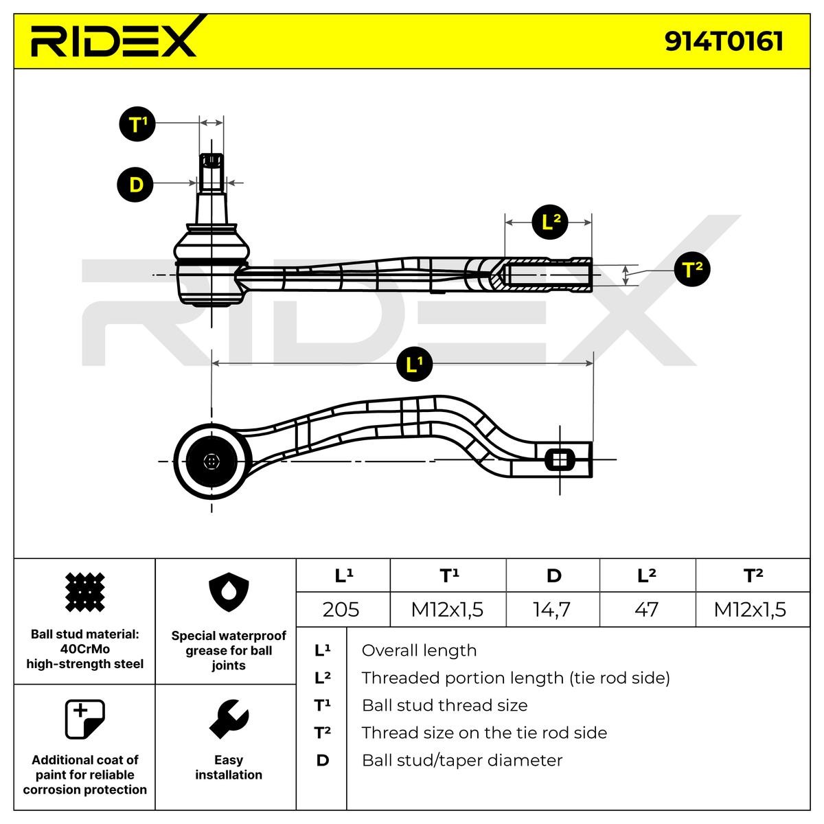 RIDEX 914T0161 Track rod end Cone Size 14,7 mm, Front Axle, Right