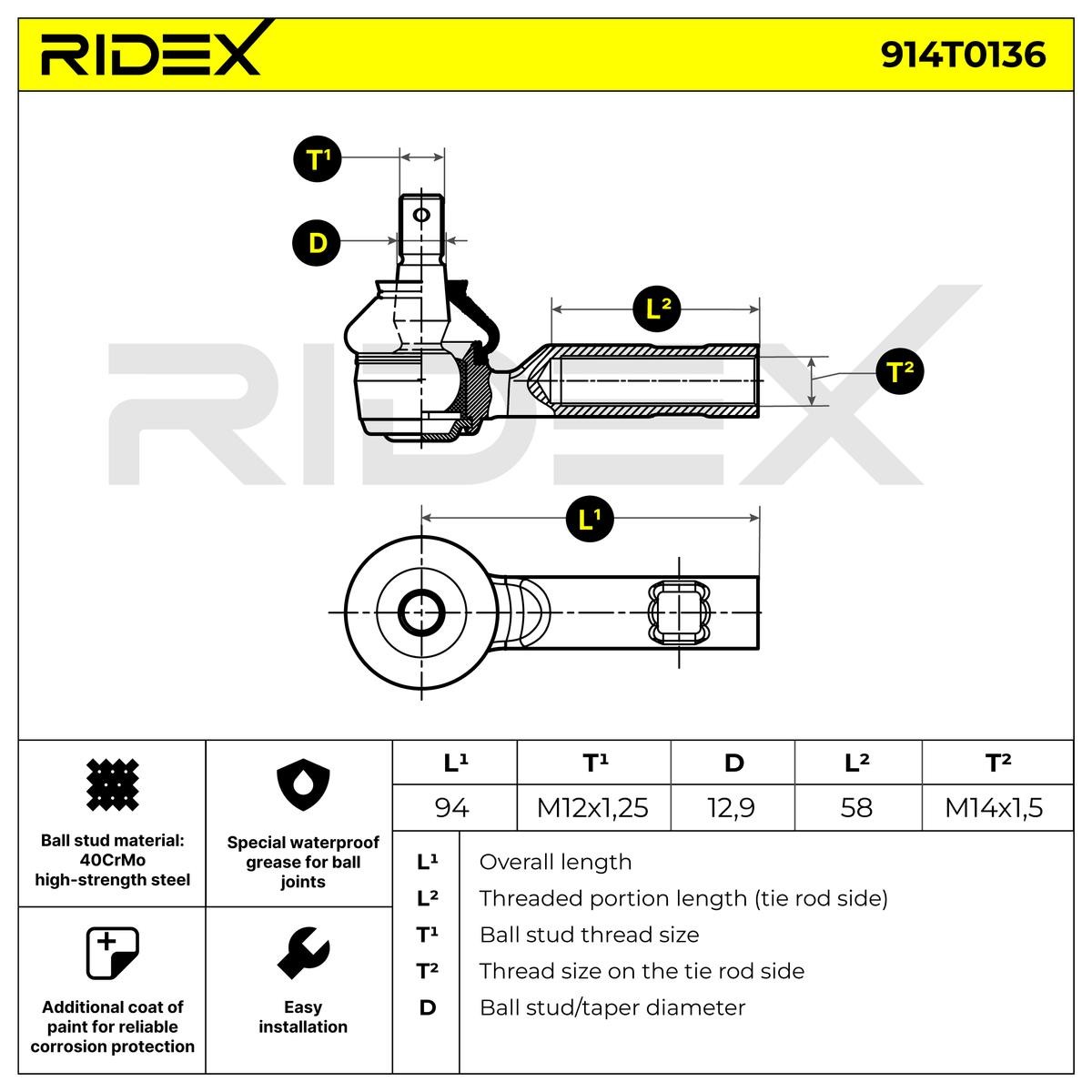 914T0136 Tie rod end 914T0136 RIDEX Cone Size 12,9 mm, M12x1,25 mm, Front axle both sides, with accessories