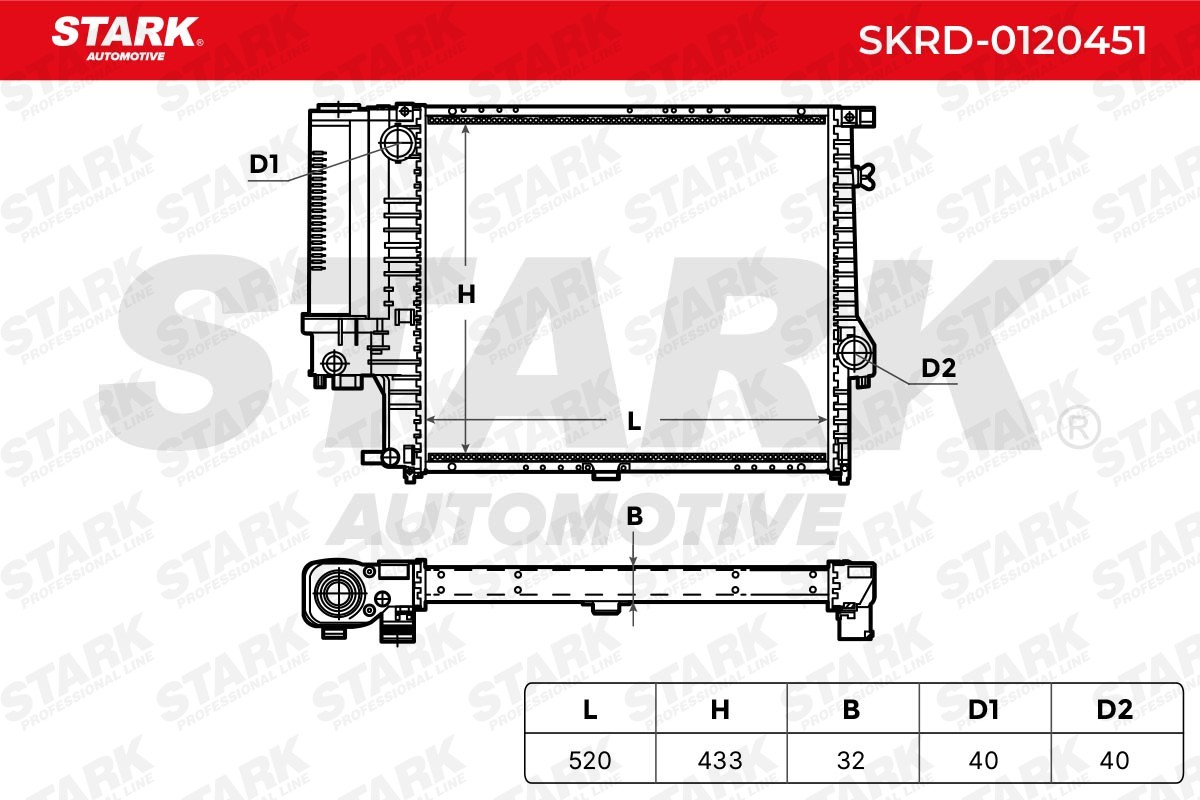 SKRD-0120451 Radiator SKRD-0120451 STARK for vehicles with/without air conditioning, 520 x 438 x 32 mm, Manual Transmission, Brazed cooling fins