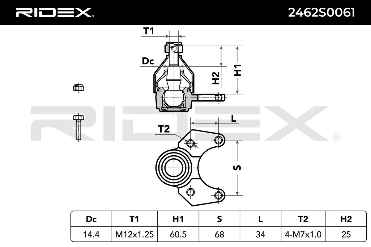 2462S0061 Suspension ball joint 2462S0061 RIDEX Front Axle, both sides, Lower, 14,4mm, 54mm, 53,75mm