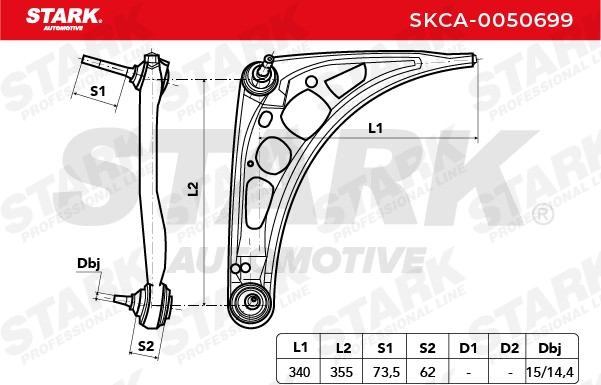 SKCA-0050699 Suspension wishbone arm SKCA-0050699 STARK Left, Lower, Front Axle, Control Arm, Cone Size: 14,4 mm, Suspension: for vehicles without sports suspension