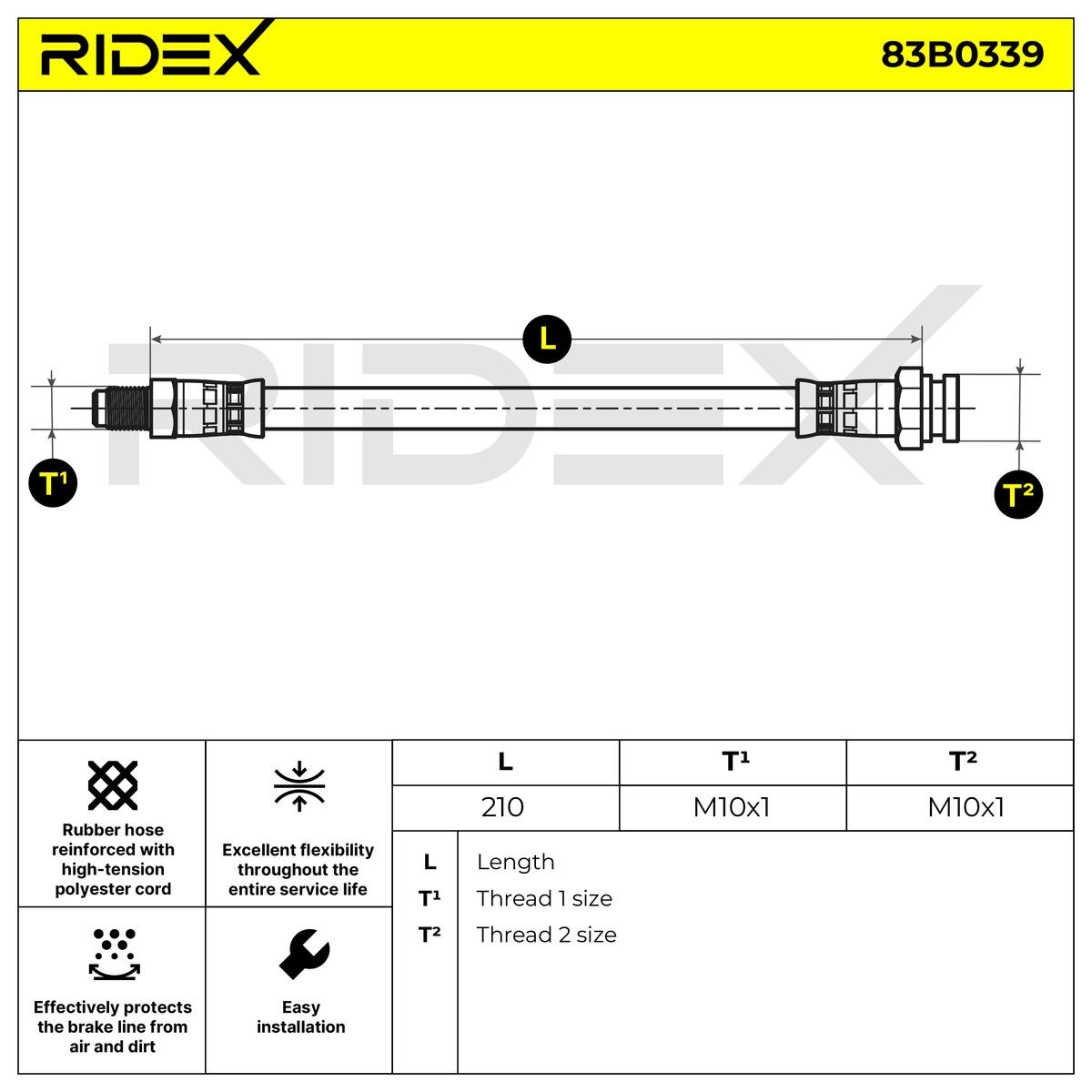 RIDEX 83B0339 Brake hose Rear Axle, 210 mm, M10x1