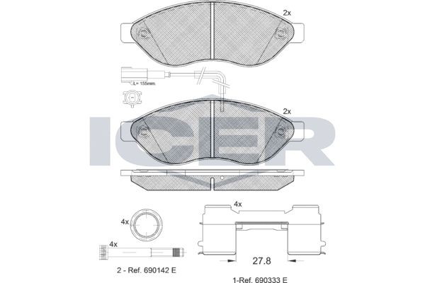 141803-203 ICER Brake pad set PEUGEOT incl. wear warning contact, Axle Vers.: Front