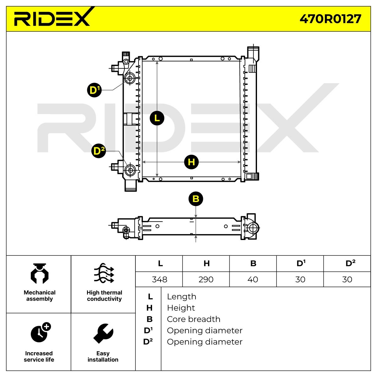 RIDEX 470R0127 Engine radiator for vehicles without air conditioning, 290 x 348 x 42 mm, Manual-/optional automatic transmission, Brazed cooling fins