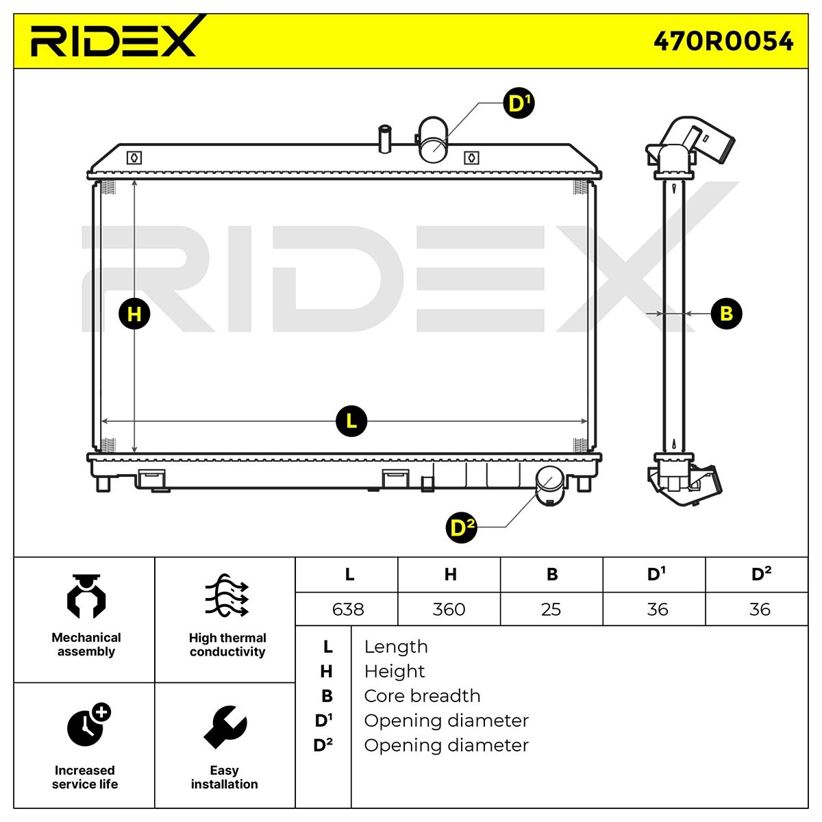 RIDEX 470R0054 Engine radiator Aluminium, 360 x 665 x 25 mm, Brazed cooling fins