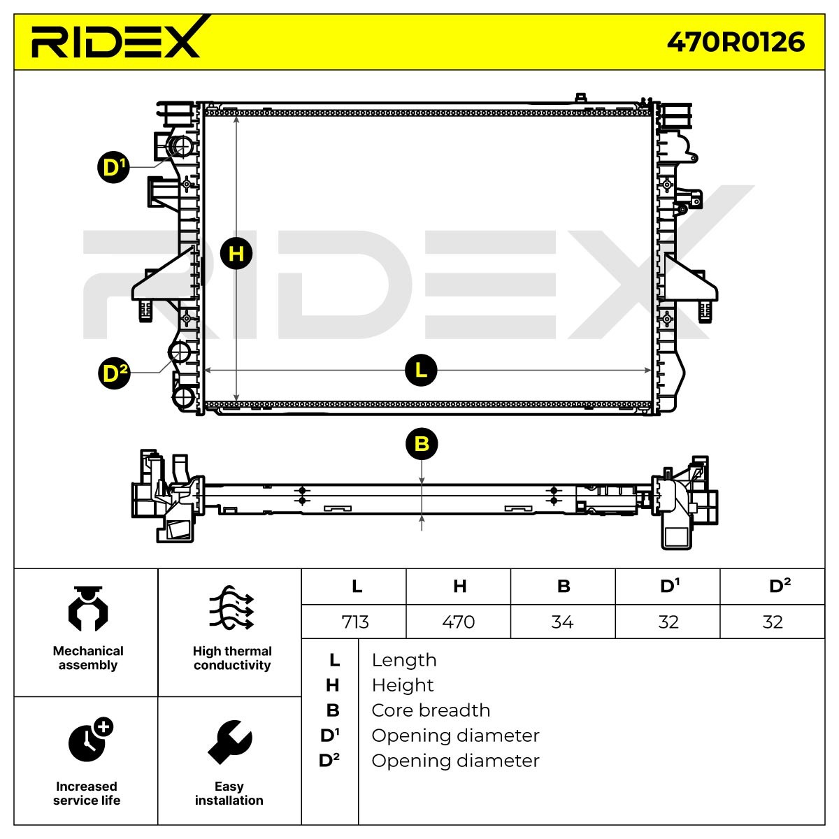 470R0126 Radiator 470R0126 RIDEX Aluminium, Brazed cooling fins