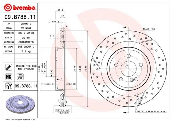 BREMBO 09.B788.11 Brake rotor 330x22mm, 5, slotted/perforated, internally vented, Coated, High-carbon