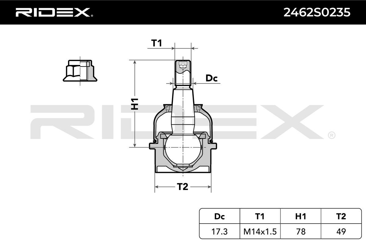 RIDEX 2462S0235 Ball Joint Front axle both sides, 17,3mm, 49,9mm, 1:6
