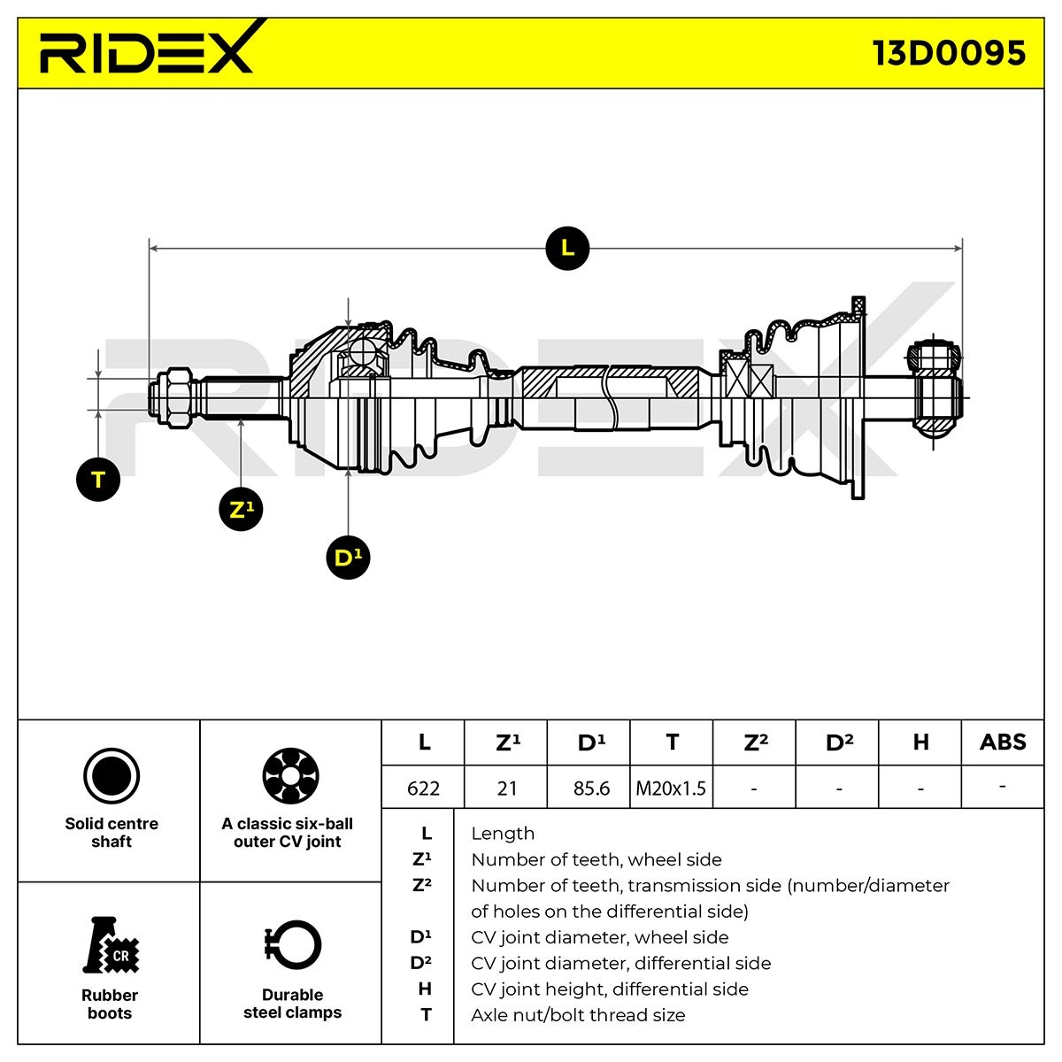 13D0095 CV shaft 13D0095 RIDEX 623mm
