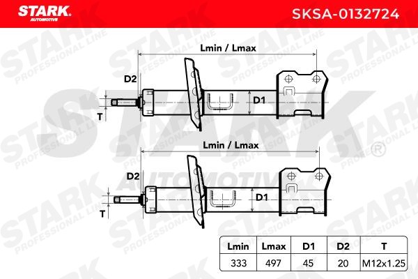STARK SKSA-0132724 Federbein Vorderachse, Gasdruck, 495x335 mm, Ø: 45, Zweirohr, Federbein, oben Stift, M12x1,25