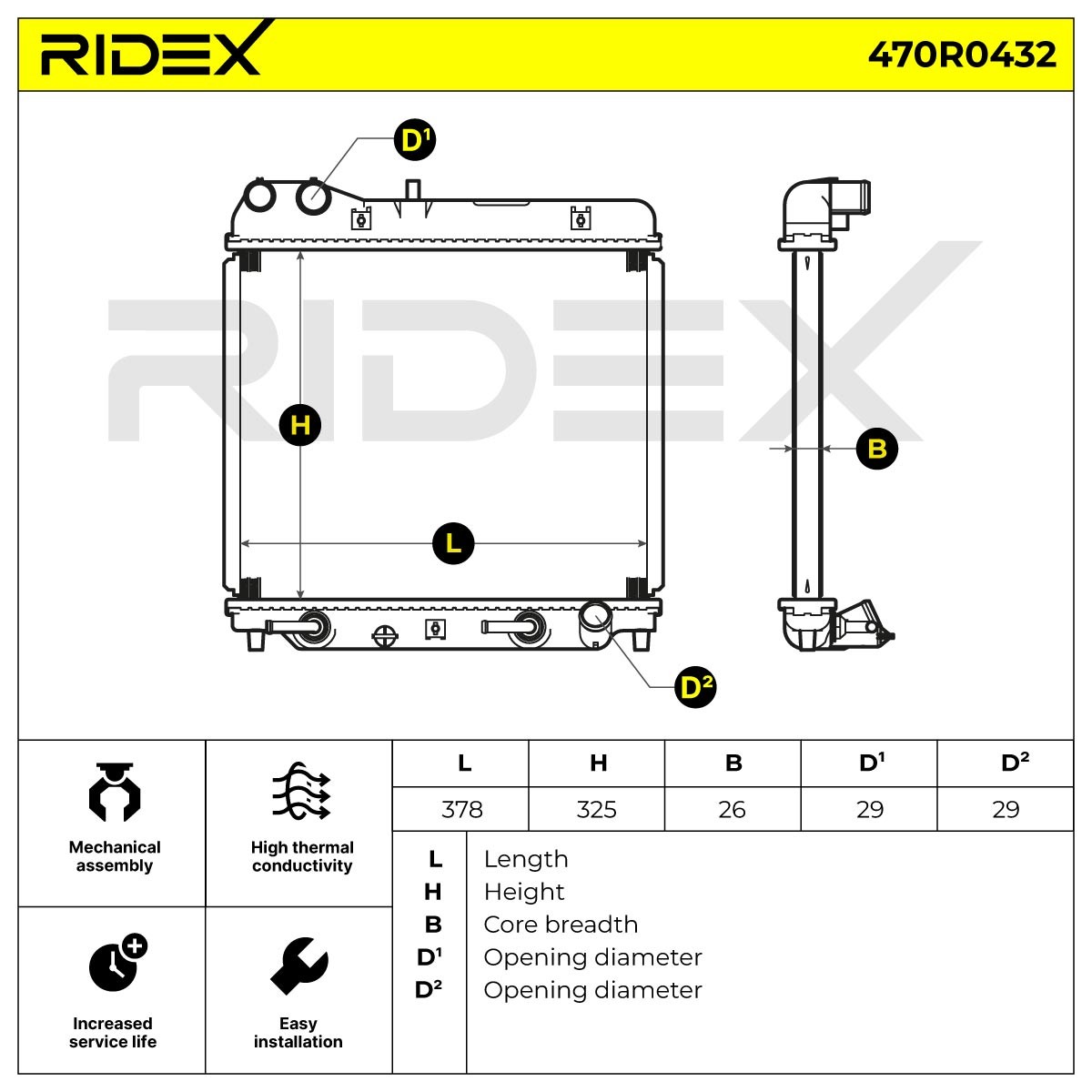 470R0432 Radiator 470R0432 RIDEX Aluminium, for vehicles with air conditioning, 628 x 378 x 34 mm, Manual Transmission, Brazed cooling fins