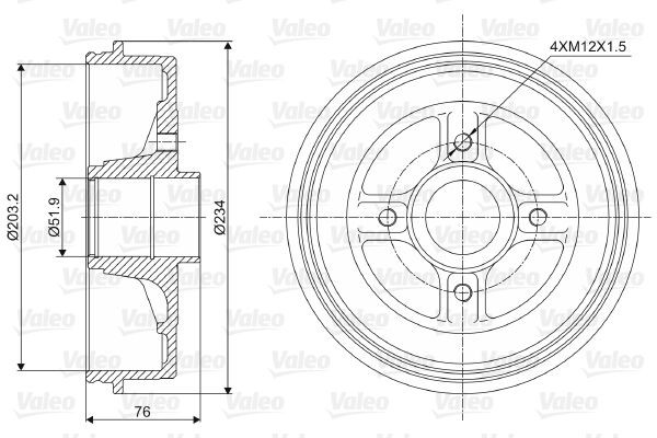 Brake drum VALEO without integrated wheel bearing, without ABS sensor ring, 234mm, Rear Axle - 237008