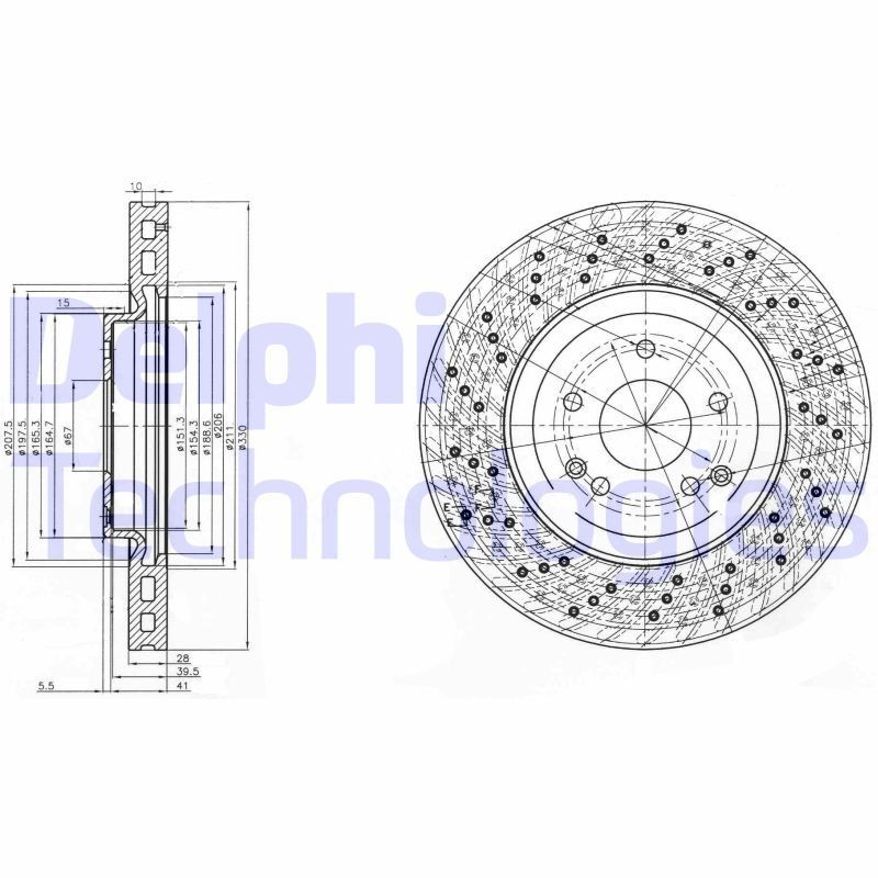DELPHI BG3985C Brake disc 330x28mm, 5, Vented, Perforated, Coated, Untreated