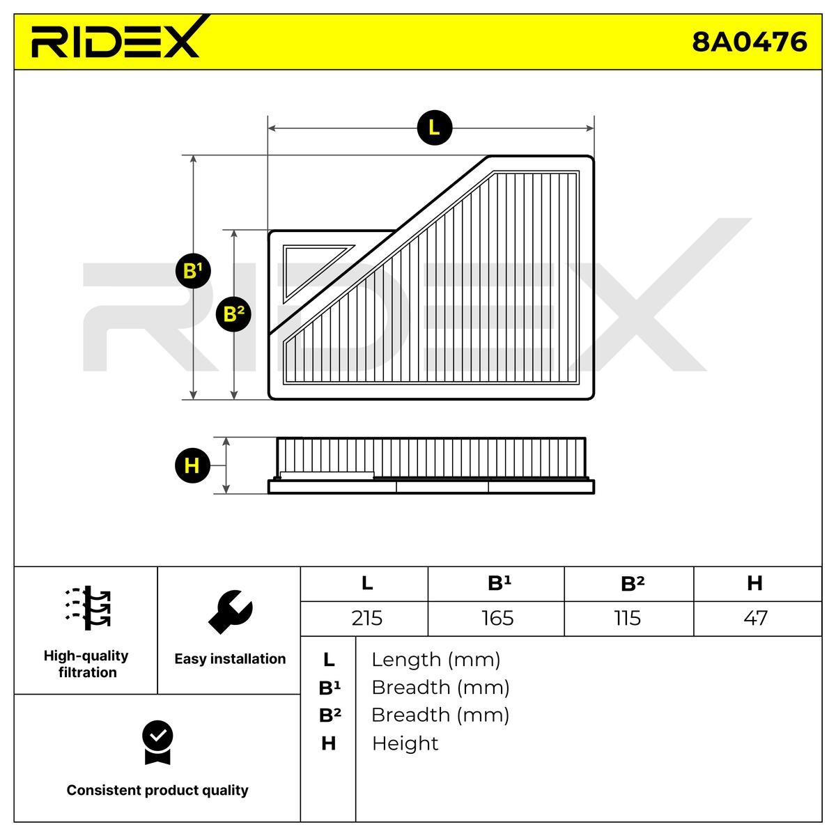 8A0476 Air filter 8A0476 RIDEX 47mm, 165mm, 215mm, pentagonal, Air Recirculation Filter, Filter Insert