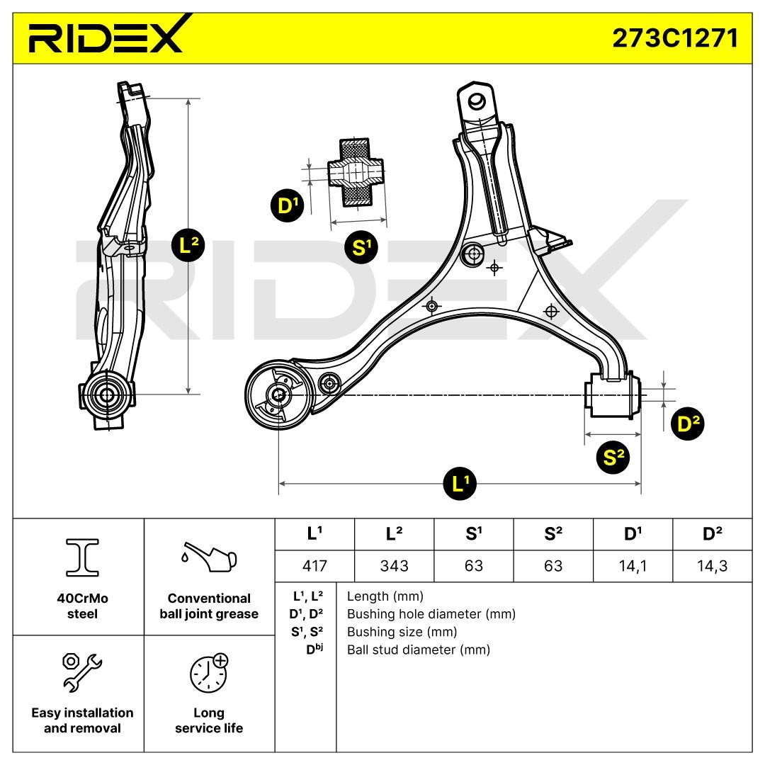 RIDEX 273C0668 Suspension arm Front Axle Right, Lower, Control Arm, Cone Size: 15 mm