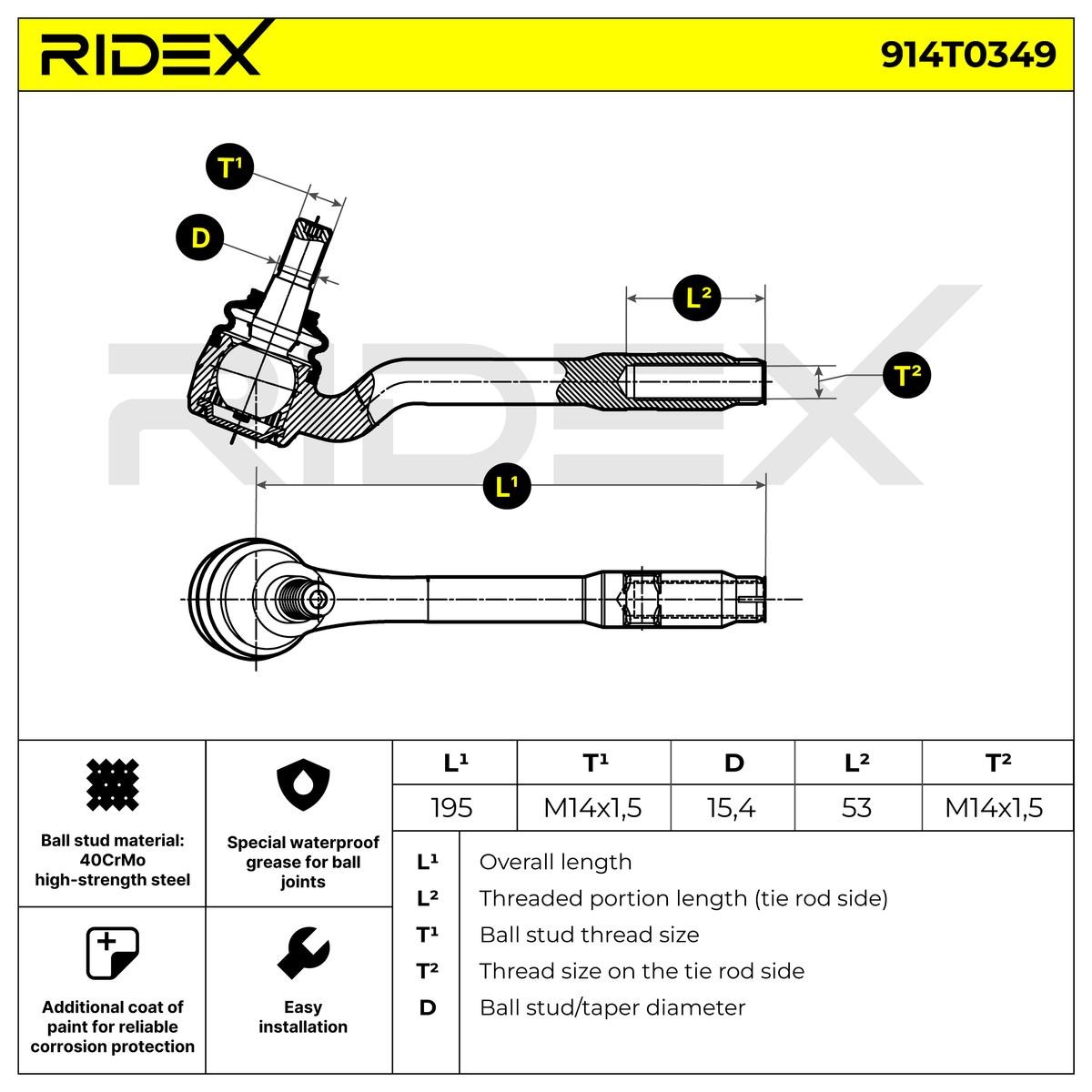 RIDEX 914T0349 Track rod end Cone Size 15,3 mm, Front Axle Right, Front Axle Left, with nut