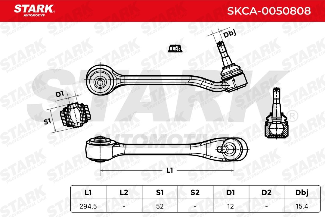 SKCA-0050808 Suspension wishbone arm SKCA-0050808 STARK with ball joint, with rubber mount, Front Axle, Left, Lower, Rear, Control Arm, Aluminium, Cone Size: 15,4 mm