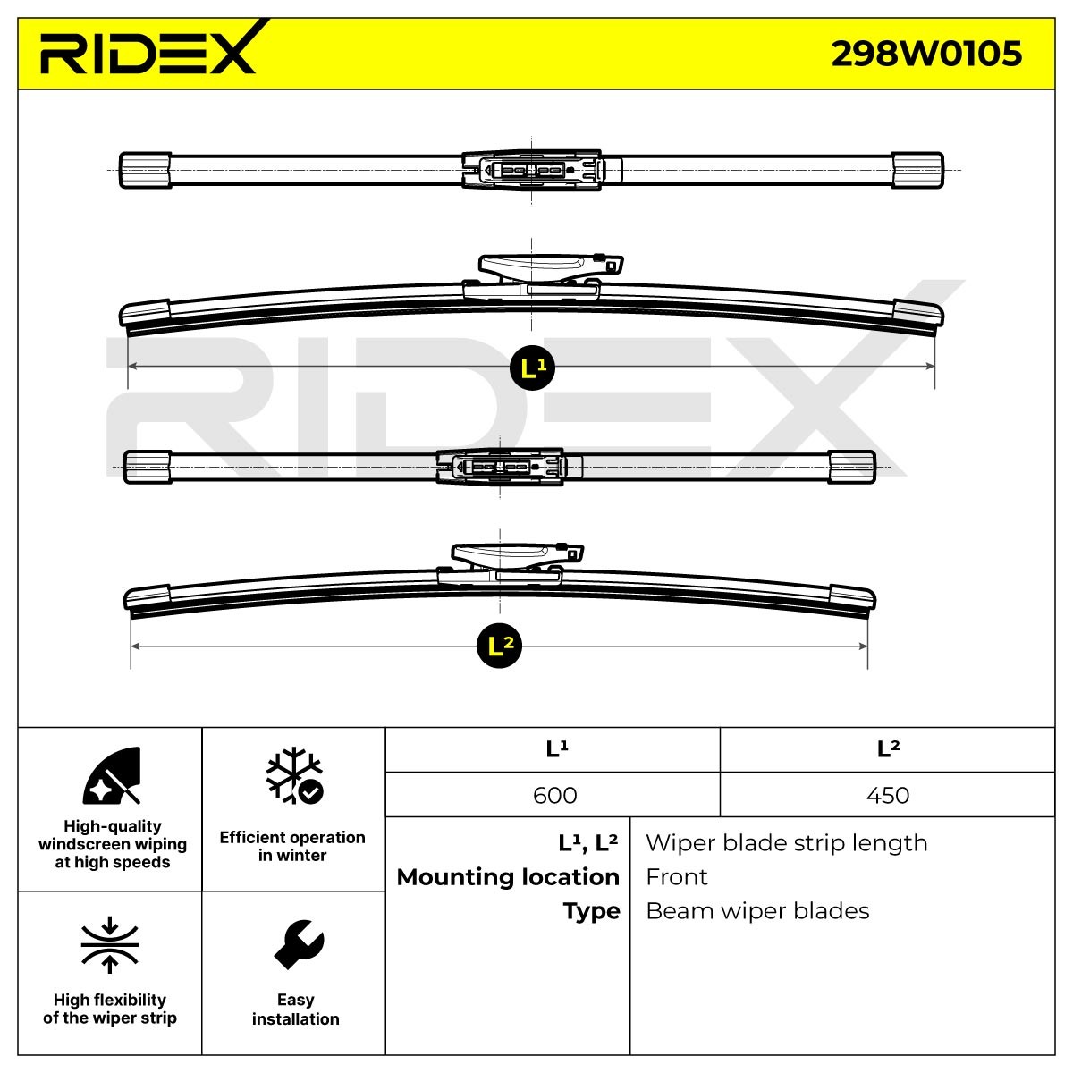 298W0105 Window wiper 298W0105 RIDEX 600, 450 mm Front, Beam, with spoiler, for left-hand drive vehicles, 24/18 Inch