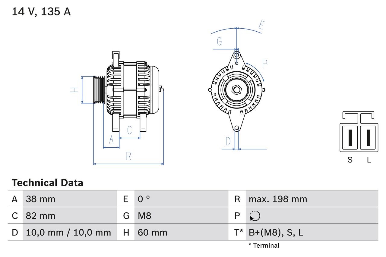 BOSCH 0 986 082 190 Alternator 14V, 135A, B+(M8),S,L, PL07, excl. vacuum pump, Ø 60 mm