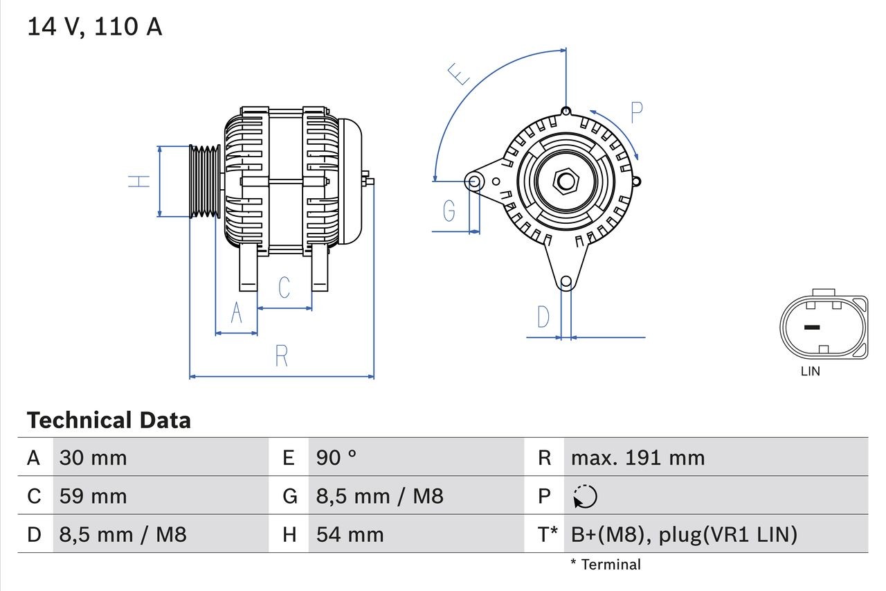 BOSCH 0 986 083 270 Alternator 14V, 110A, B+(M8)PLUG(VR1 LIN), PL166-1 PIN, excl. vacuum pump, Ø 53,5 mm