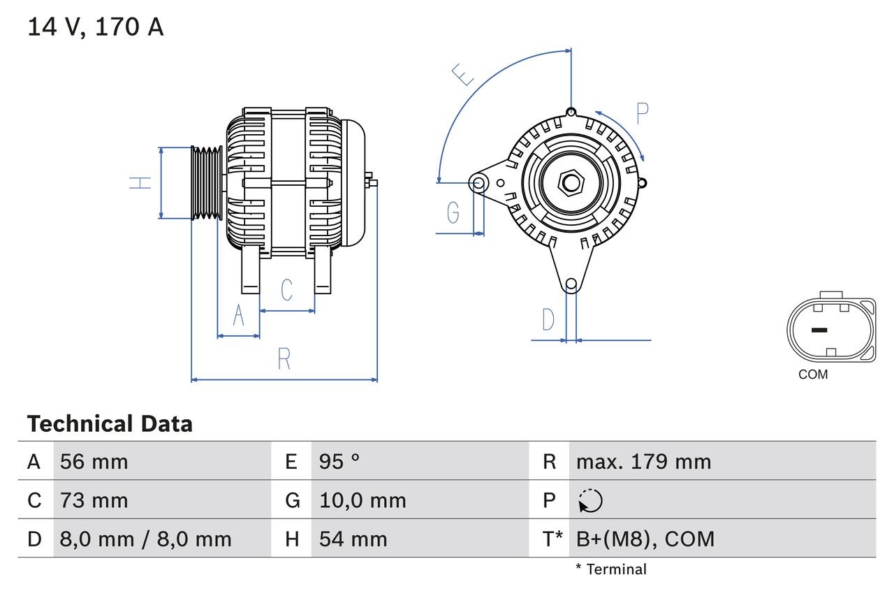 BOSCH 0 986 083 470 Alternator 14V, 170A, B+(M8),COM, PL125, excl. vacuum pump, Ø 54 mm