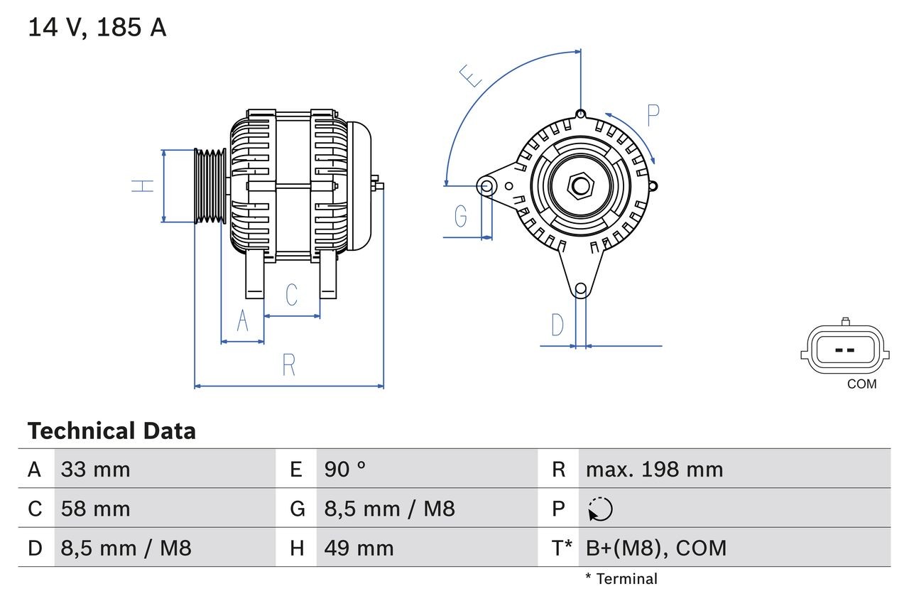 BOSCH 0 986 083 560 Alternator 14V, 185A, B+(M8),COM, PL124, excl. vacuum pump, Ø 49 mm