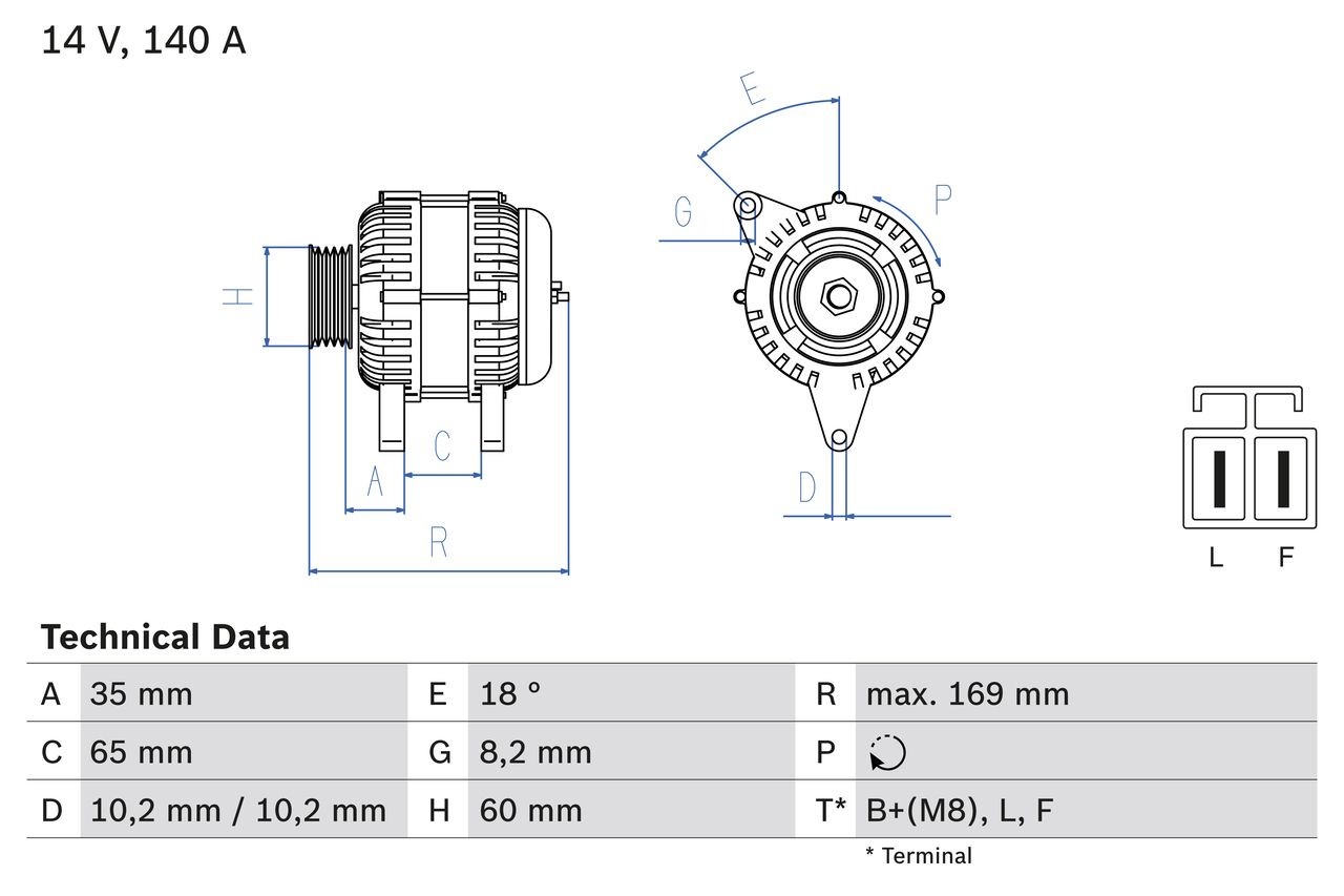 BOSCH 0 986 084 150 Alternator 14V, 140A, B+(M8),L,F, PL127, excl. vacuum pump, Ø 60 mm