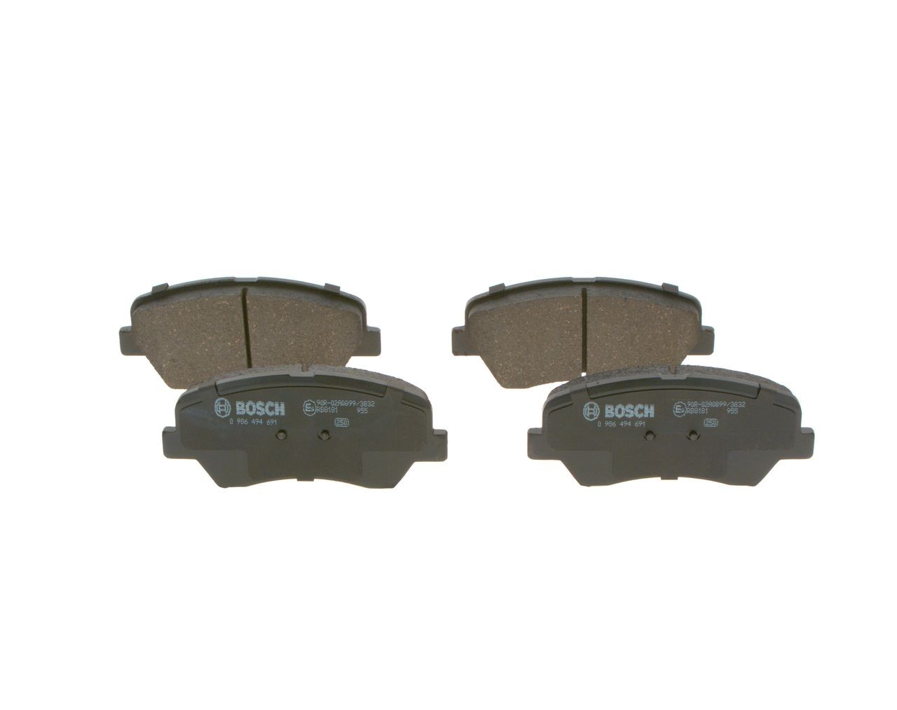 0986494691 Set of brake pads 25692 BOSCH Low-Metallic, with acoustic wear warning, with anti-squeak plate