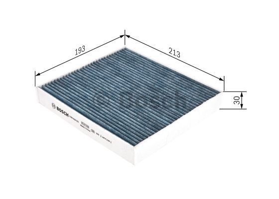 0986628523 Air con filter A 8523 BOSCH Activated Carbon Filter, with anti-allergic effect, with antibacterial action, Particulate filter (PM 2.5), 193 mm x 213 mm x 30 mm, FILTER+