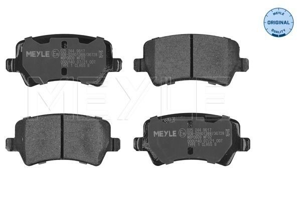 0252449617 Set of brake pads 0252449617 MEYLE ORIGINAL Quality, Rear Axle, not prepared for wear indicator, with anti-squeak plate, with accessories