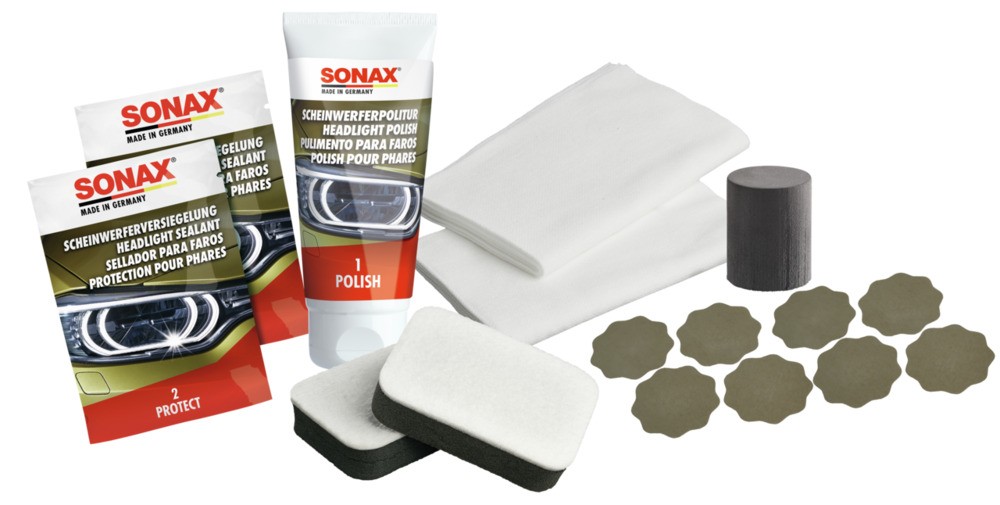 SONAX Scheinwerfer AufbereitungsSet (85 ml) reinigt und poliert vermattete  und vergilbte Scheinwerfer aus Kunststoff - versiegelt und schützt