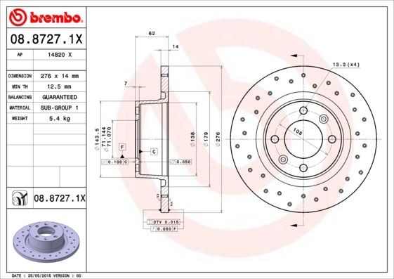 BREMBO Brake rotors 08.8727.1X for CITROËN C5