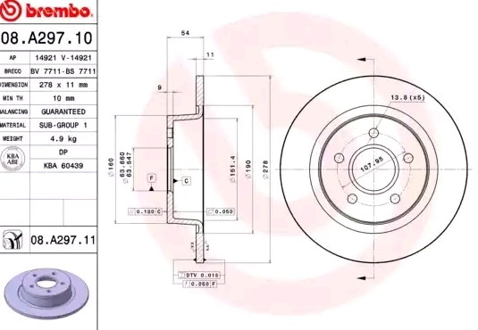 BREMBO COATED DISC LINE 08.A297.11 Disco freno 278x11mm, 5, pieno, rivestito
