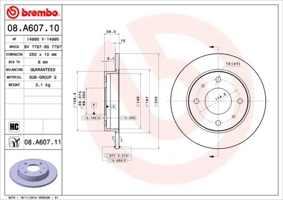 Brake disc 08.A607.11 from BREMBO