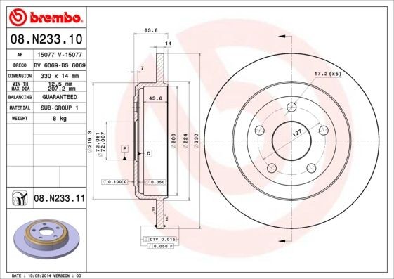 BREMBO COATED DISC LINE 330x14mm, 5, solid, Coated Ø: 330mm, Num. of holes: 5, Brake Disc Thickness: 14mm Brake rotor 08.N233.11 buy