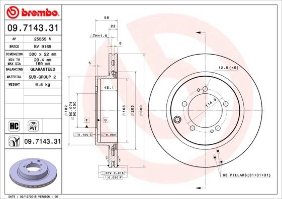 BREMBO COATED DISC LINE 09.7143.31 Brake disc 300x22mm, 5, internally vented, Coated, High-carbon